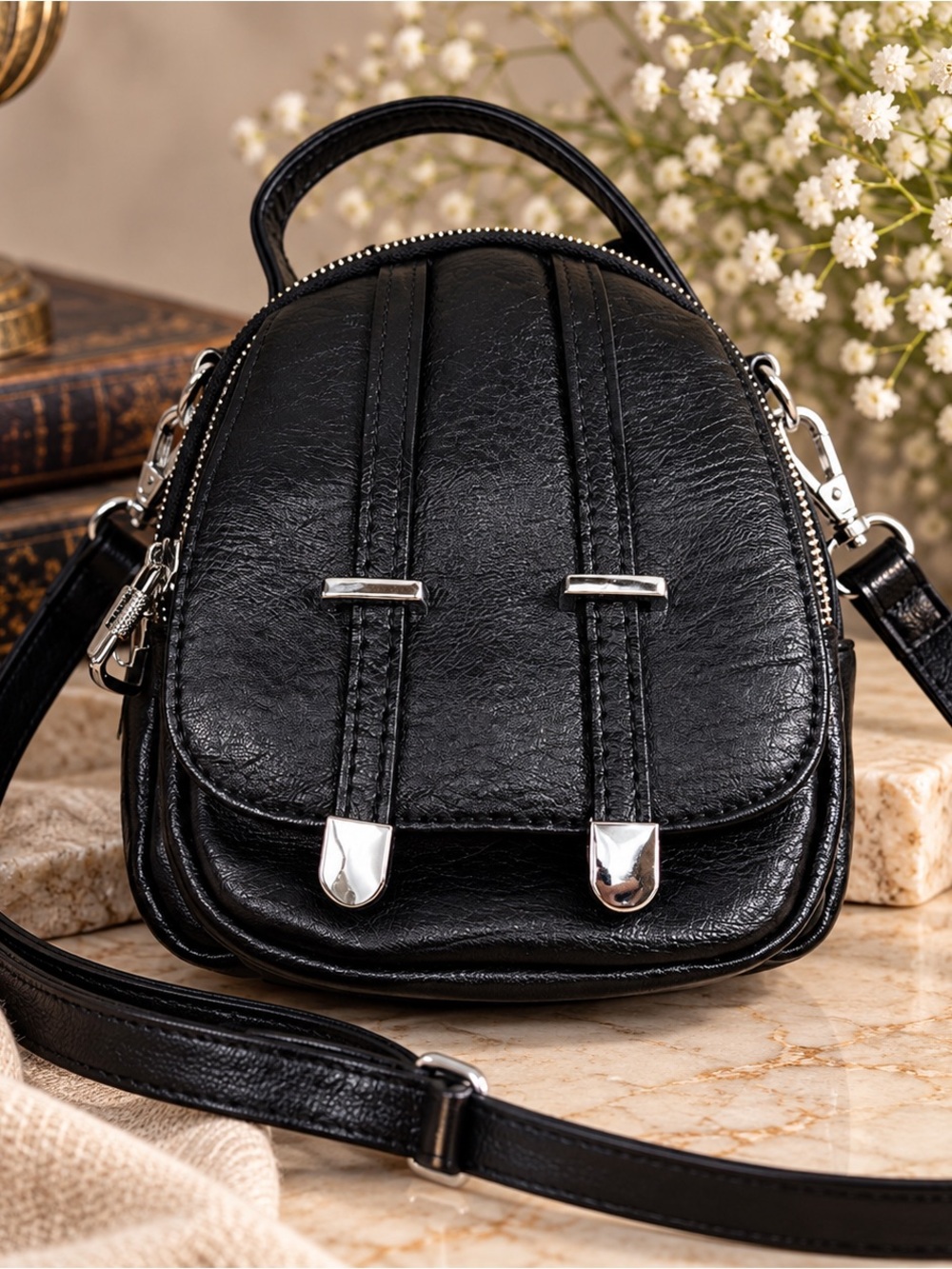 Mini Black Multi-Pocket Crossbody Bag